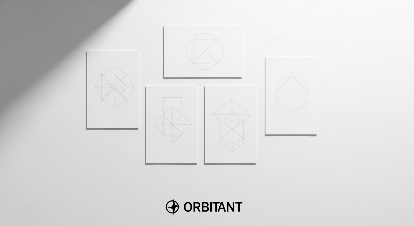 Imagen generada por IA con estética minimalista que muestra cinco paneles de diagramas geométricos y el logo de Orbitant. Representa la convergencia y el orden de Claude Code en equipos de ingeniería.