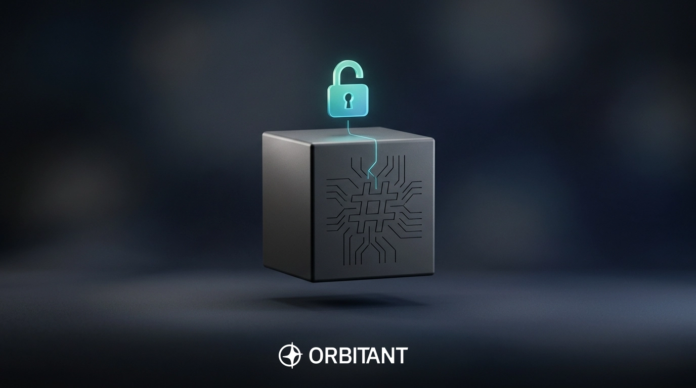 AI-generated image for Orbitant's blog about version control for AI agents, featuring a floating cube engraved with integrated circuits topped by a glowing cyan open padlock against a dark background.